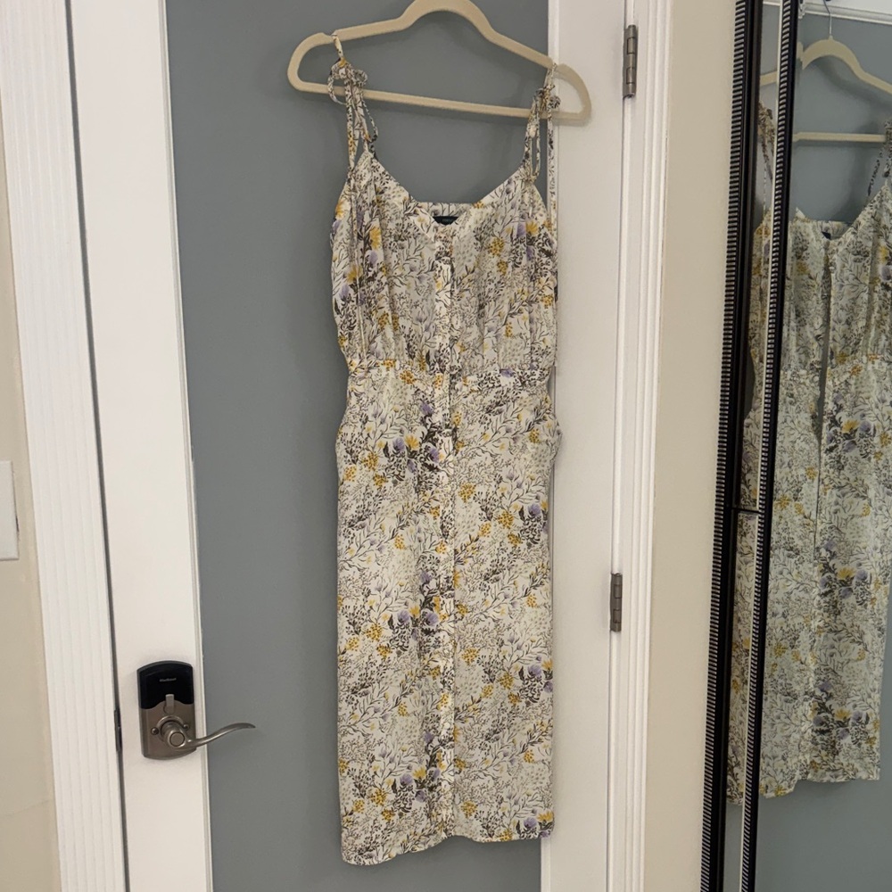 Forever 21 Cream Floral Tie-Shoulder Midi Dress with Yellow and Purple Accents